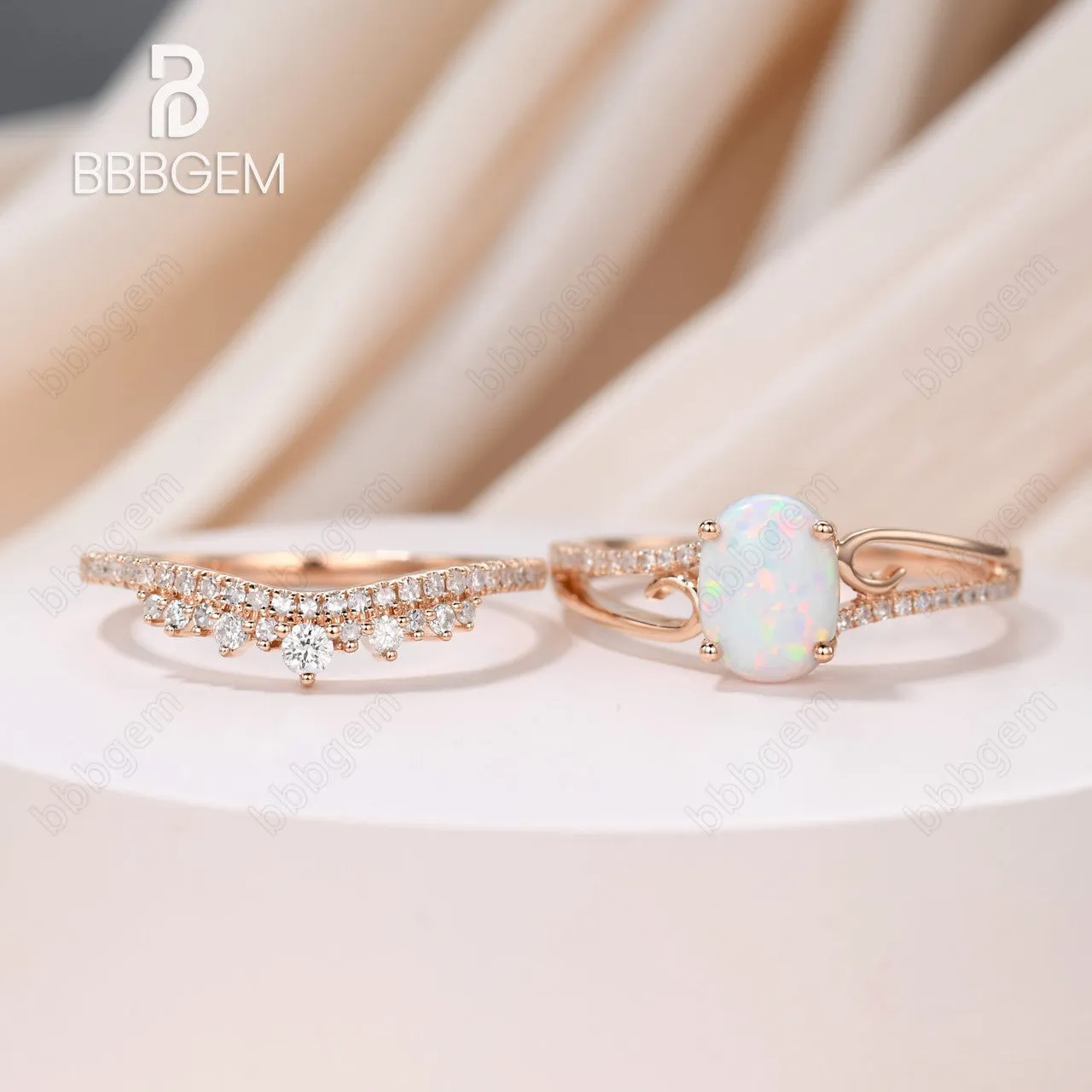 Oval Opal Engagement Ring Set Rose Gold Antique Curved Wedding Ring Set Unique Diamond Wedding Band