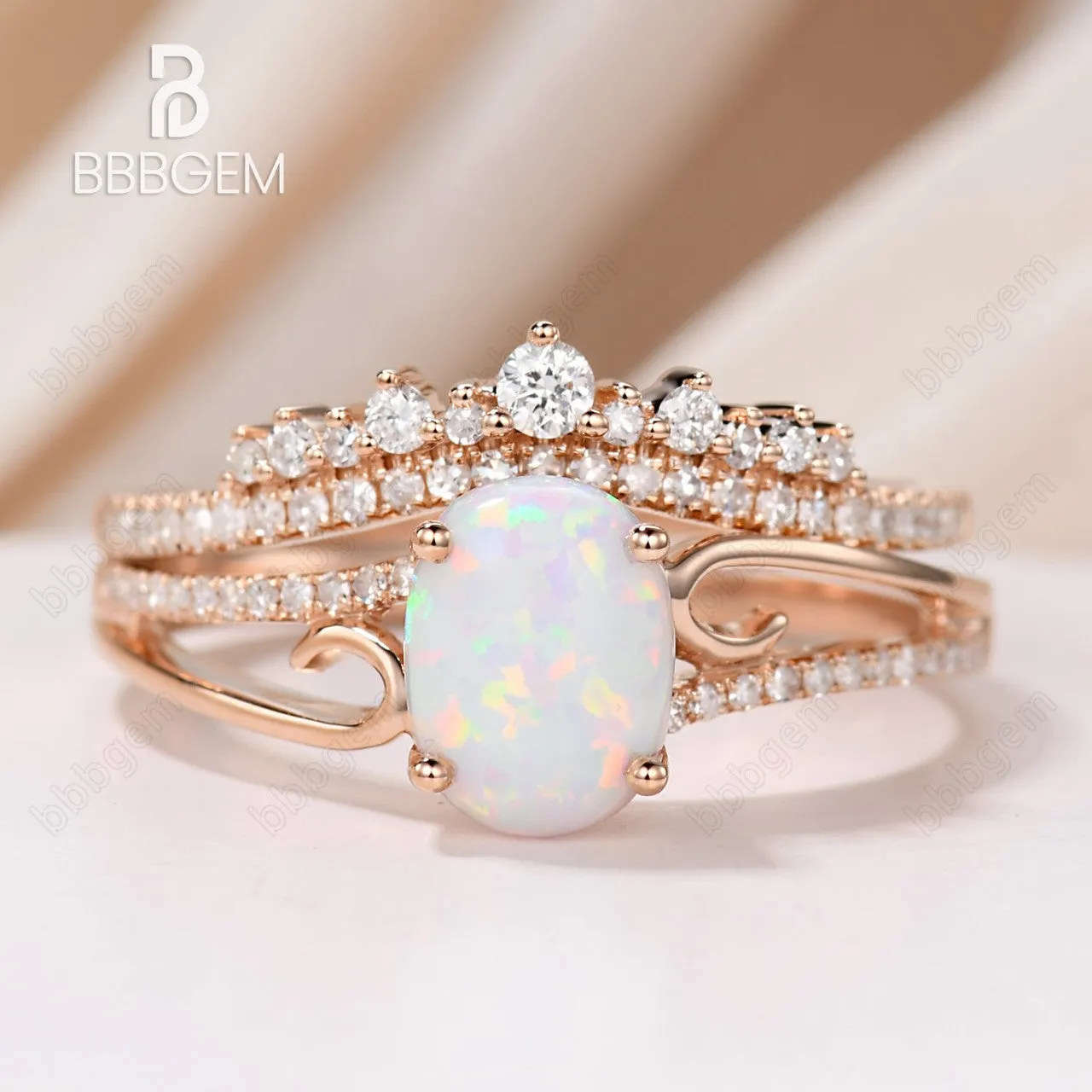 Oval Opal Engagement Ring Set Rose Gold Antique Curved Wedding Ring Set Unique Diamond Wedding Band