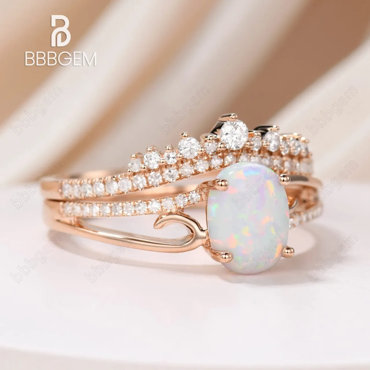 Oval Opal Engagement Ring Set Rose Gold Antique Curved Wedding Ring Set Unique Diamond Wedding Band