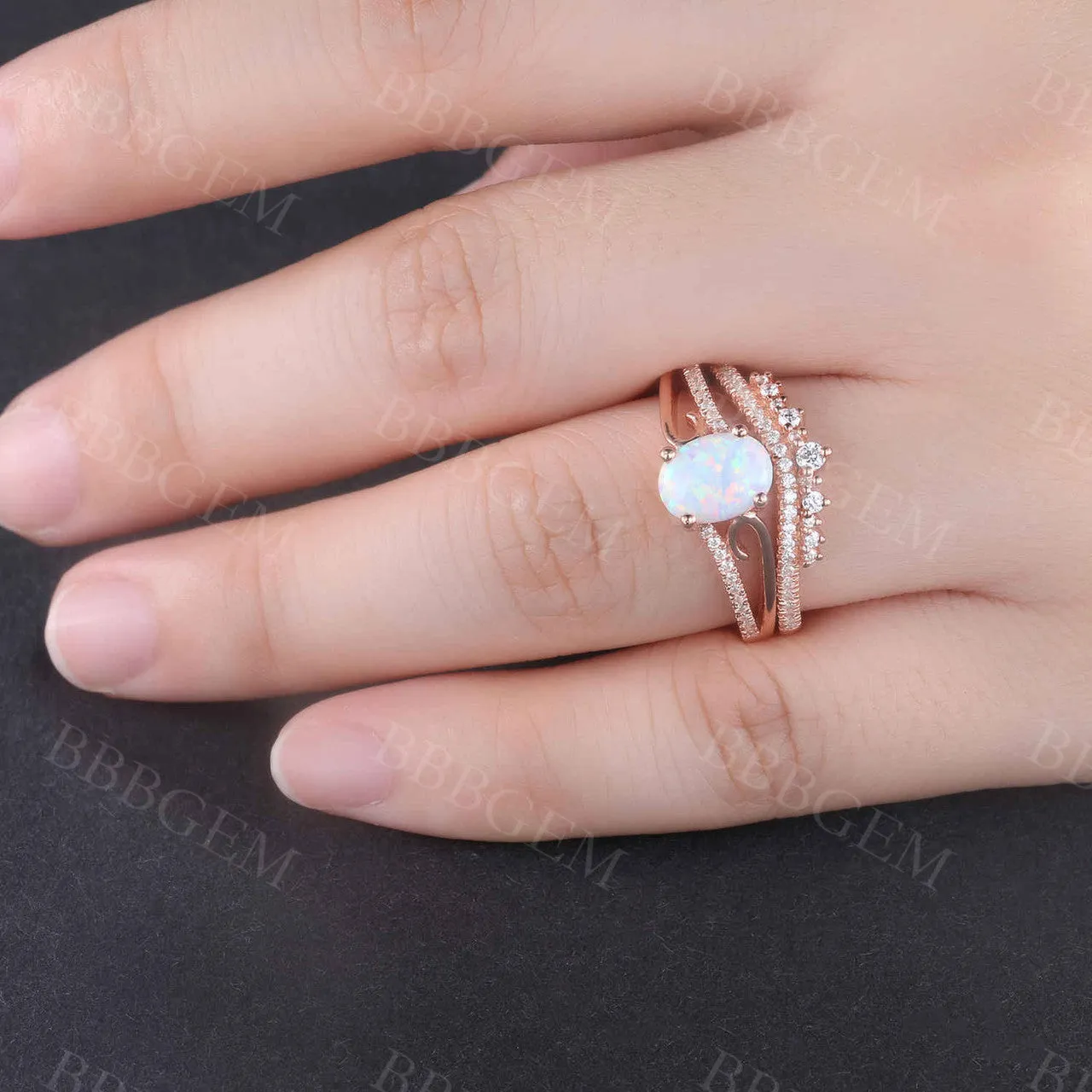 Oval Opal Engagement Ring Set Rose Gold Antique Curved Wedding Ring Set Unique Diamond Wedding Band