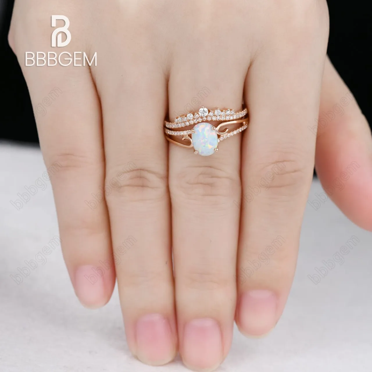 Oval Opal Engagement Ring Set Rose Gold Antique Curved Wedding Ring Set Unique Diamond Wedding Band