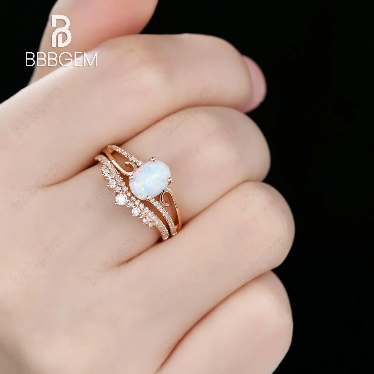 Oval Opal Engagement Ring Set Rose Gold Antique Curved Wedding Ring Set Unique Diamond Wedding Band