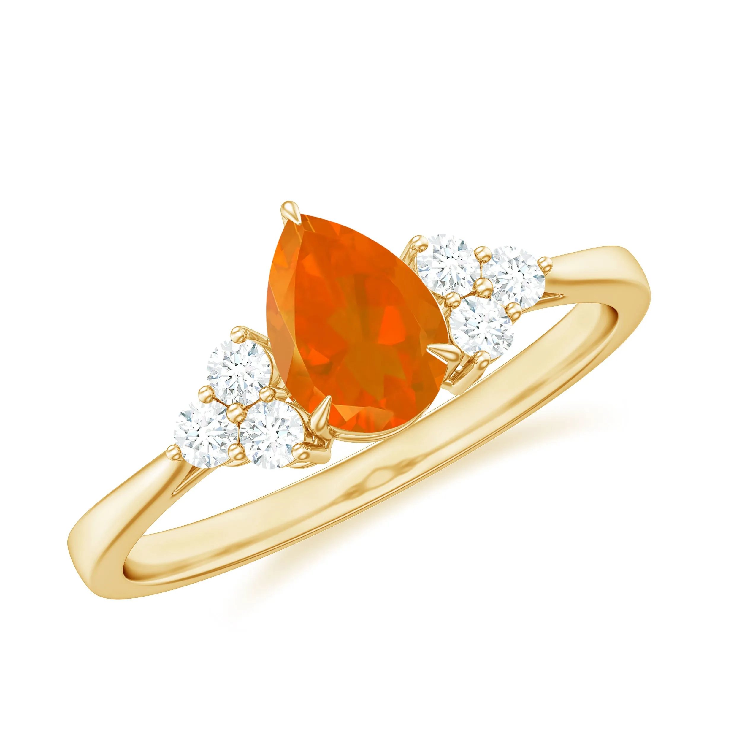 Pear Shaped Fire Opal Solitaire Ring with Diamond Trio