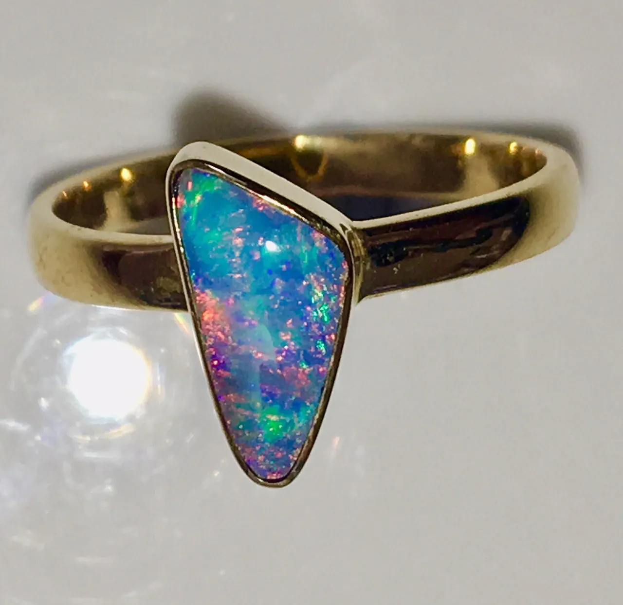 Pink Multi Coloured solid  boulder opal from Quilpie , 10K Ring