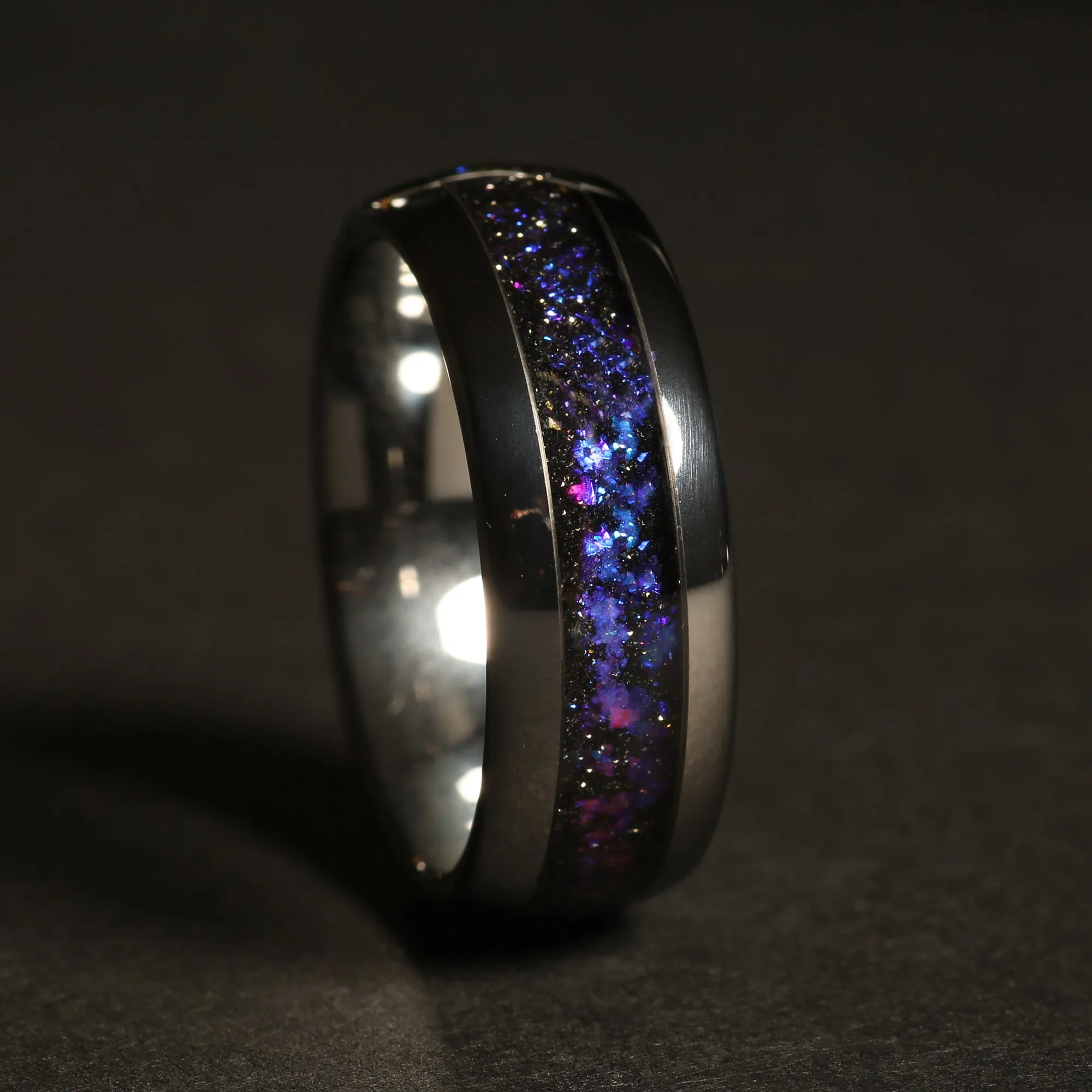 "Antennae Galaxies" Sandstone Dome Polish Silver Tungsten Carbide Ring