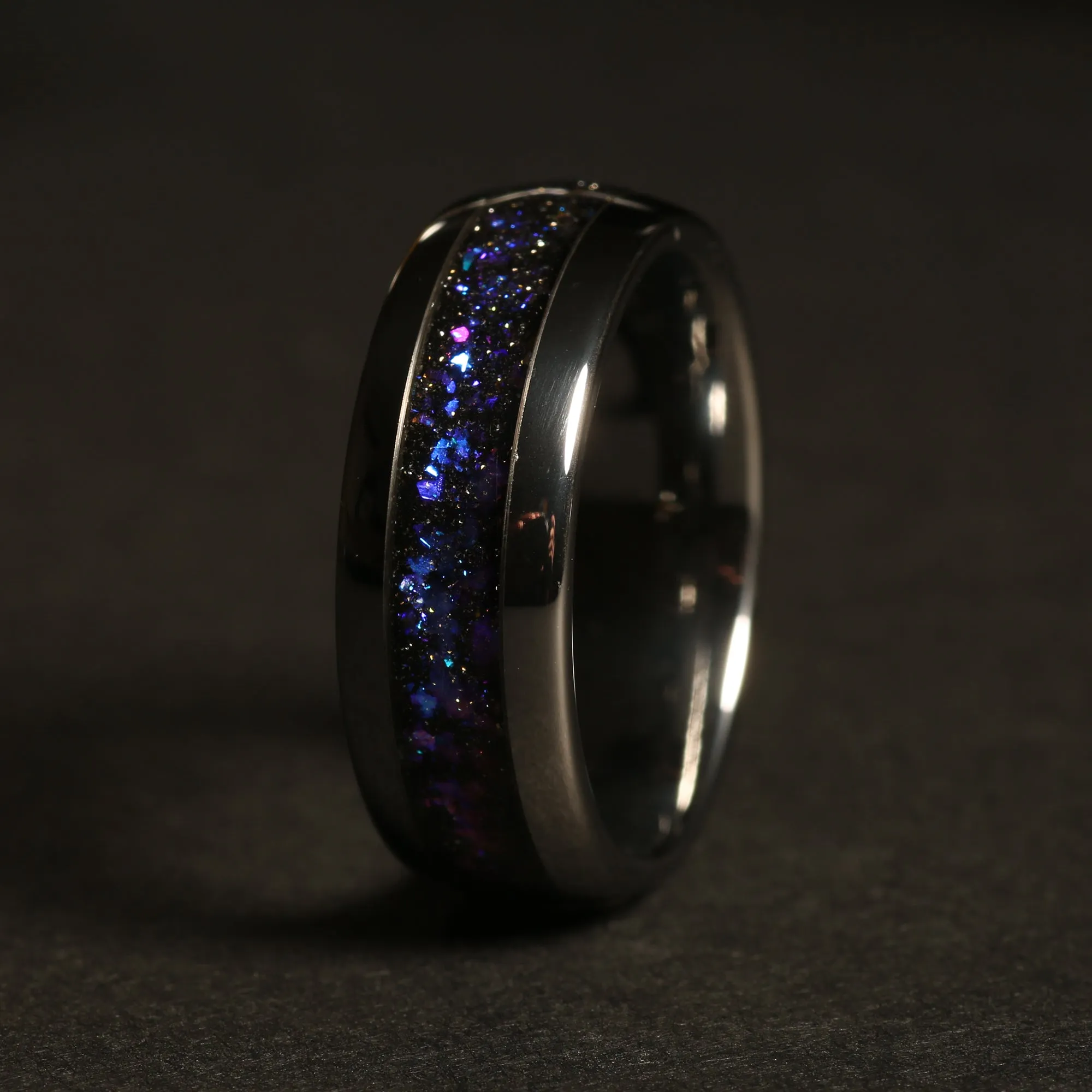 "Antennae Galaxies" Sandstone Dome Polish Silver Tungsten Carbide Ring