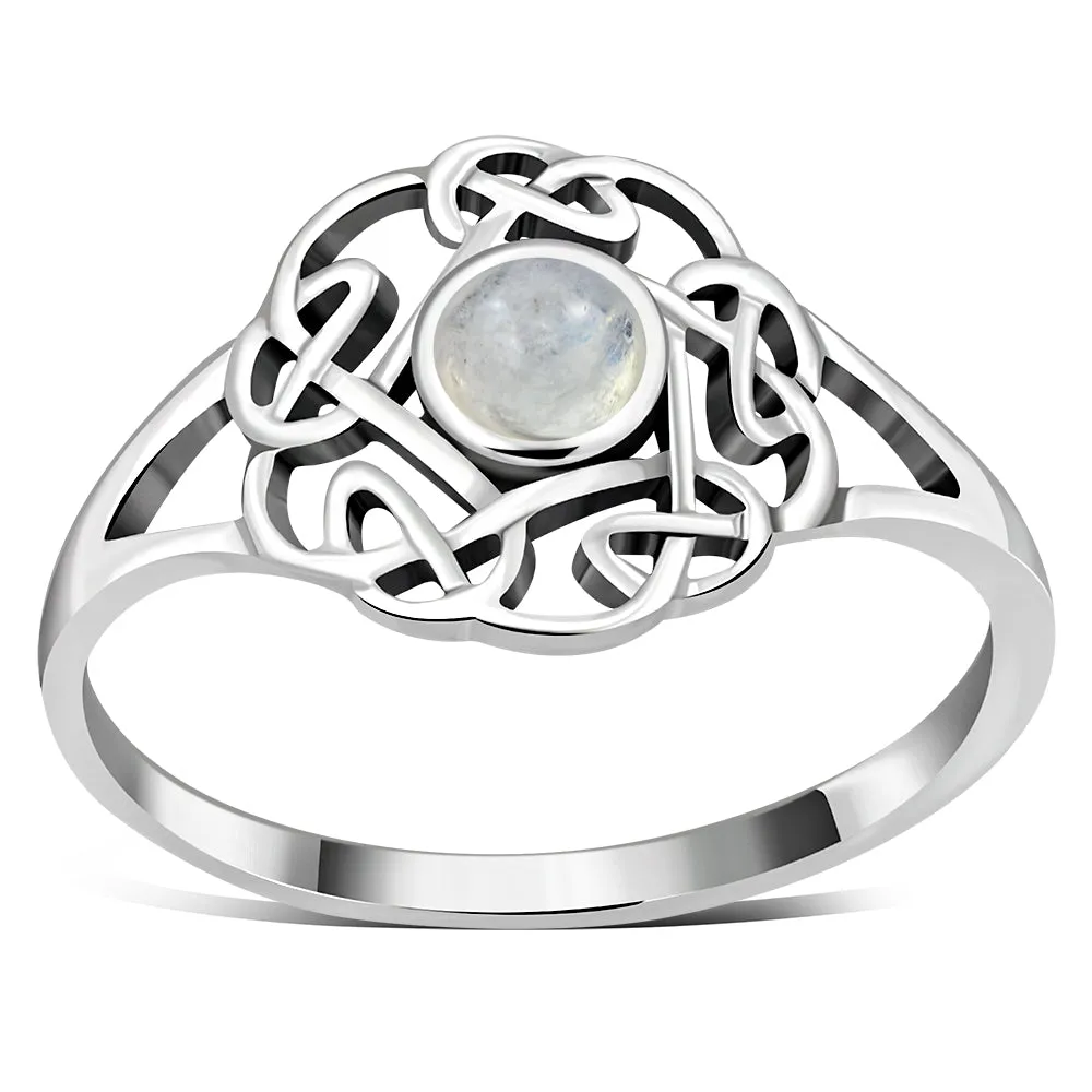 Rainbow Moonstone Round Celtic Knot Silver Ring