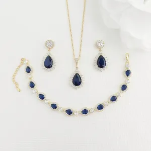 Sapphire Blue Cubic Zirconia Necklace Earring Bracelet Set-AOI