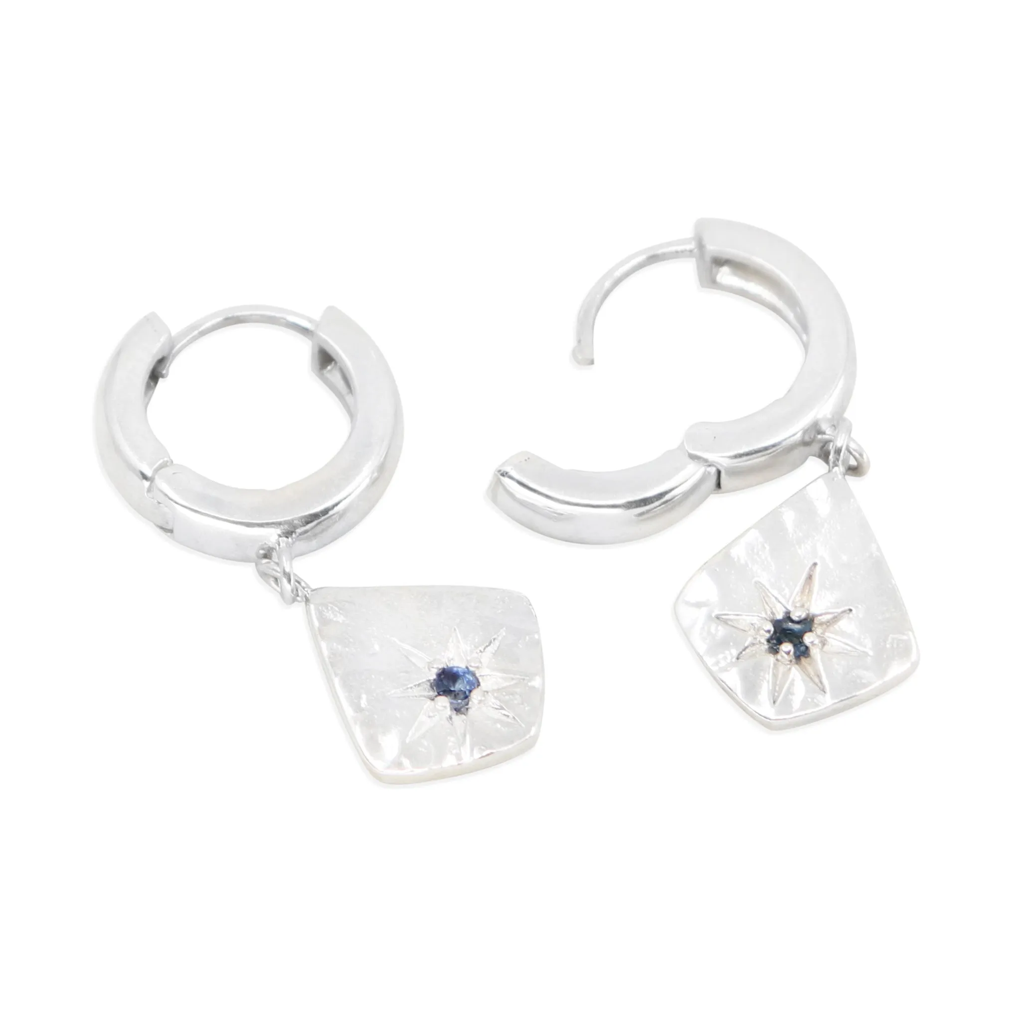 Sapphire Charm Silver Huggies