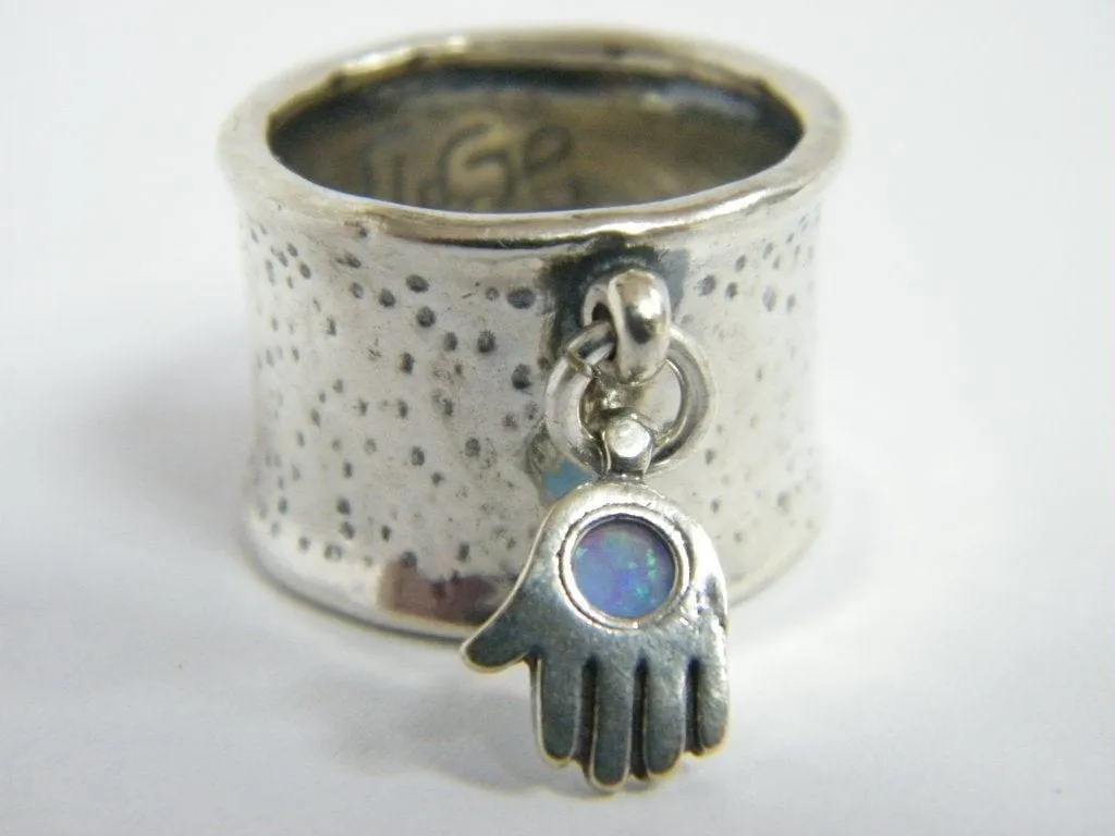 Silver Opal Wide Hamsa Charm 15mm Ring