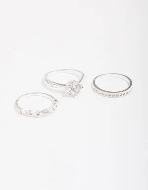 Silver Plated Cubic Zirconia Round Stone Ring Pack