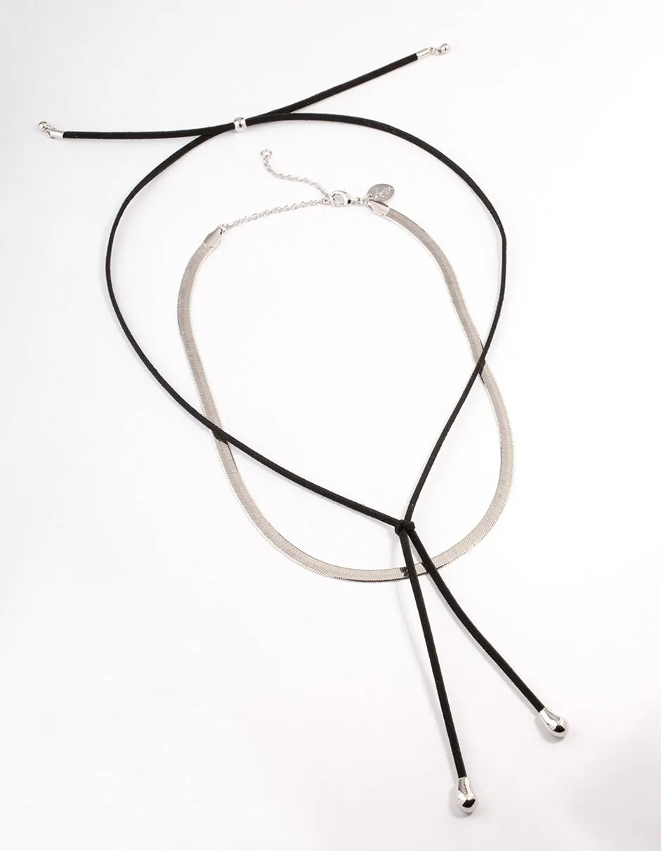 Silver Snake Chain Black Suede Cord Necklace Pack