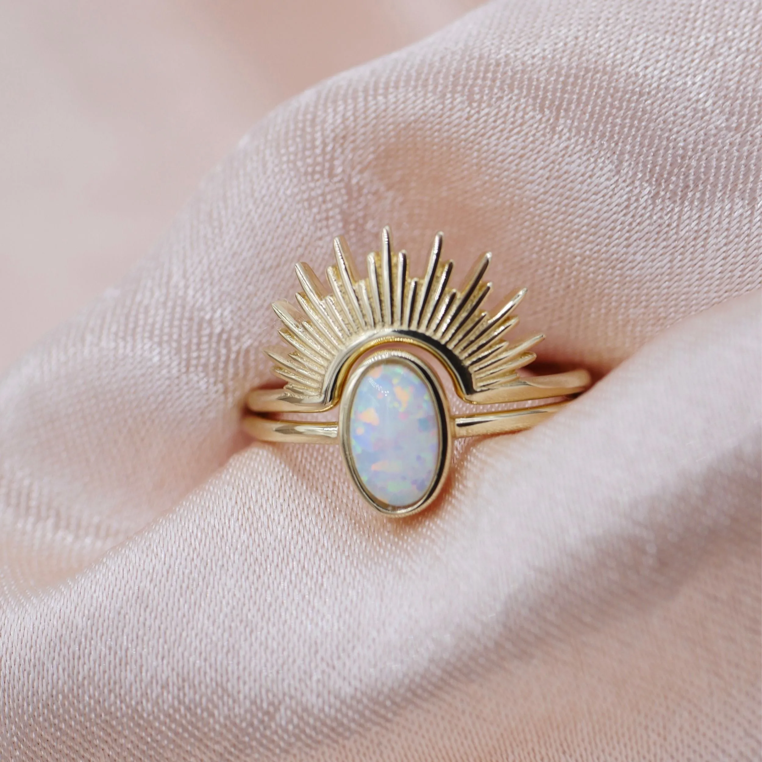 Solid Gold Opal Sunburst Ring Set