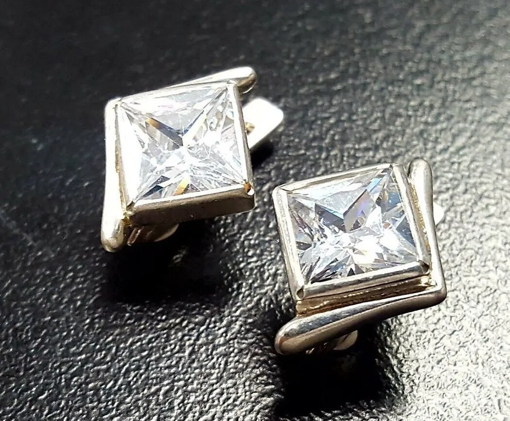 Square Created CZ Diamond Studs - Princess Cut Earrings - Asymmetric Silver Earrings