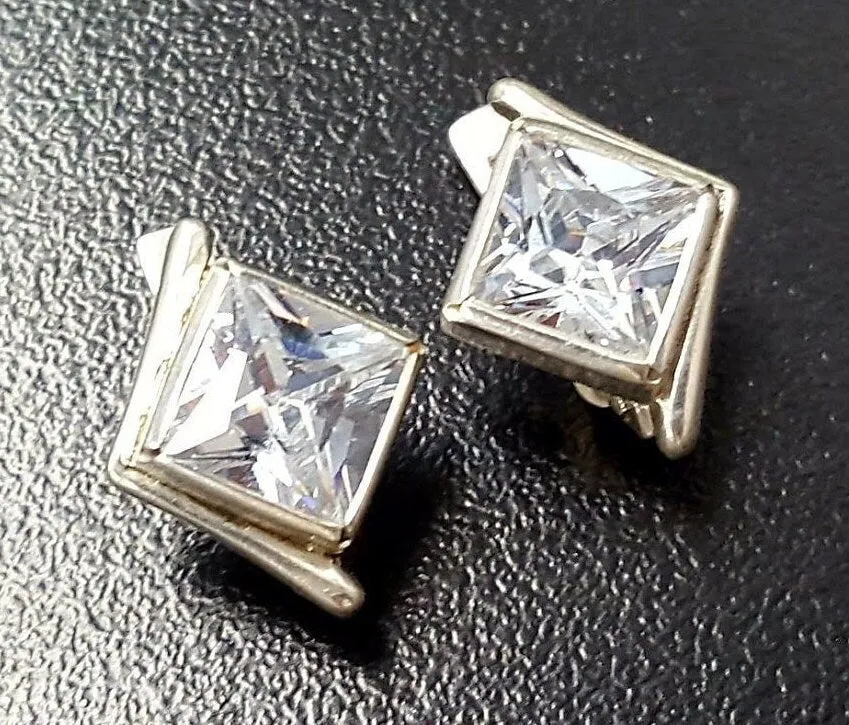 Square Created CZ Diamond Studs - Princess Cut Earrings - Asymmetric Silver Earrings