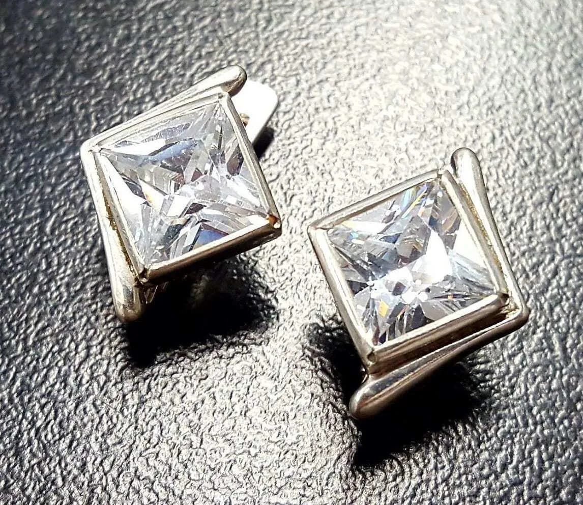 Square Created CZ Diamond Studs - Princess Cut Earrings - Asymmetric Silver Earrings