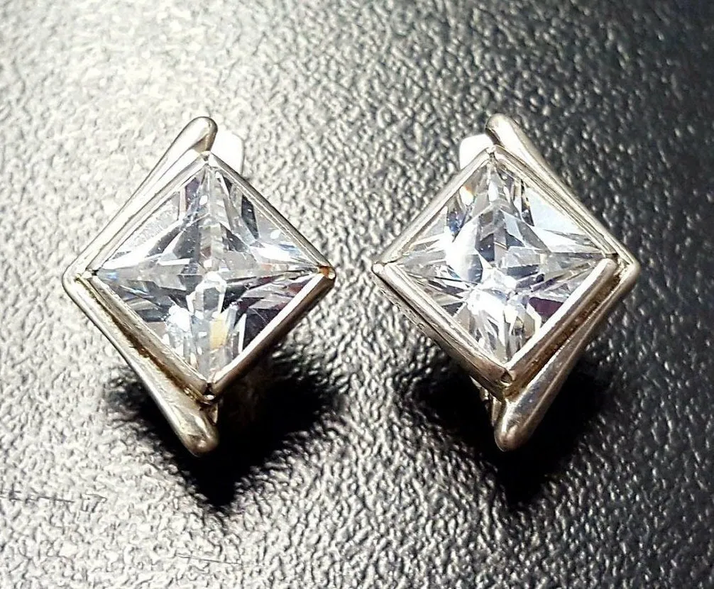 Square Created CZ Diamond Studs - Princess Cut Earrings - Asymmetric Silver Earrings