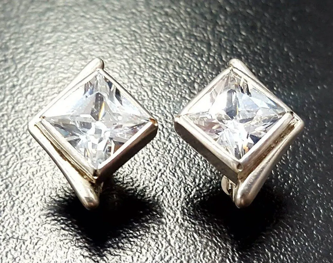 Square Created CZ Diamond Studs - Princess Cut Earrings - Asymmetric Silver Earrings