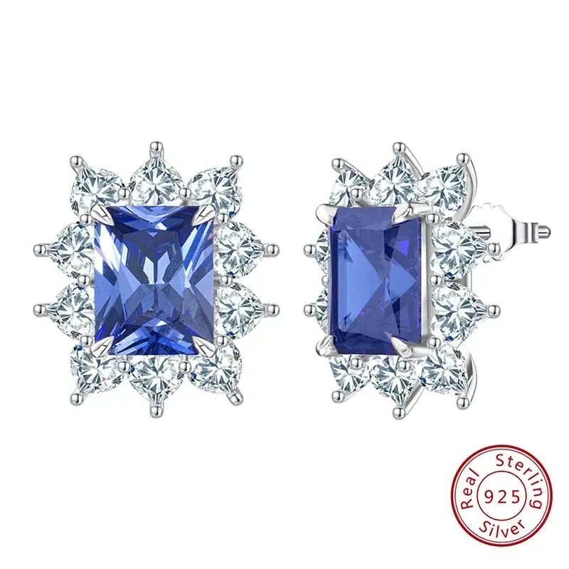 Square Cut 925 Sterling Silver Sapphire Stud Earrings