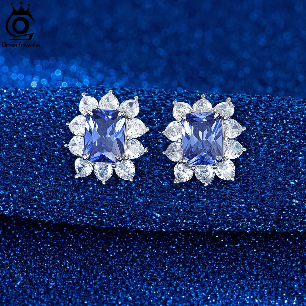 Square Cut 925 Sterling Silver Sapphire Stud Earrings