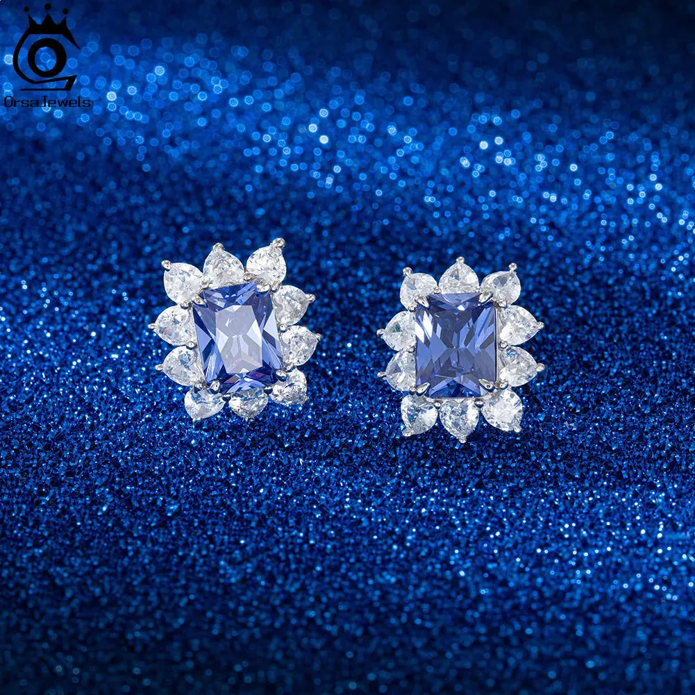 Square Cut 925 Sterling Silver Sapphire Stud Earrings