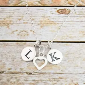 Sterling Silver Double Initial and Heart Pendant Necklace