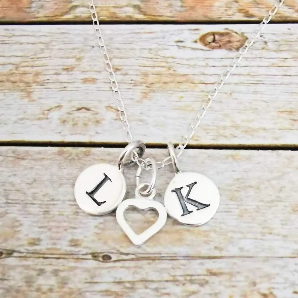 Sterling Silver Double Initial and Heart Pendant Necklace