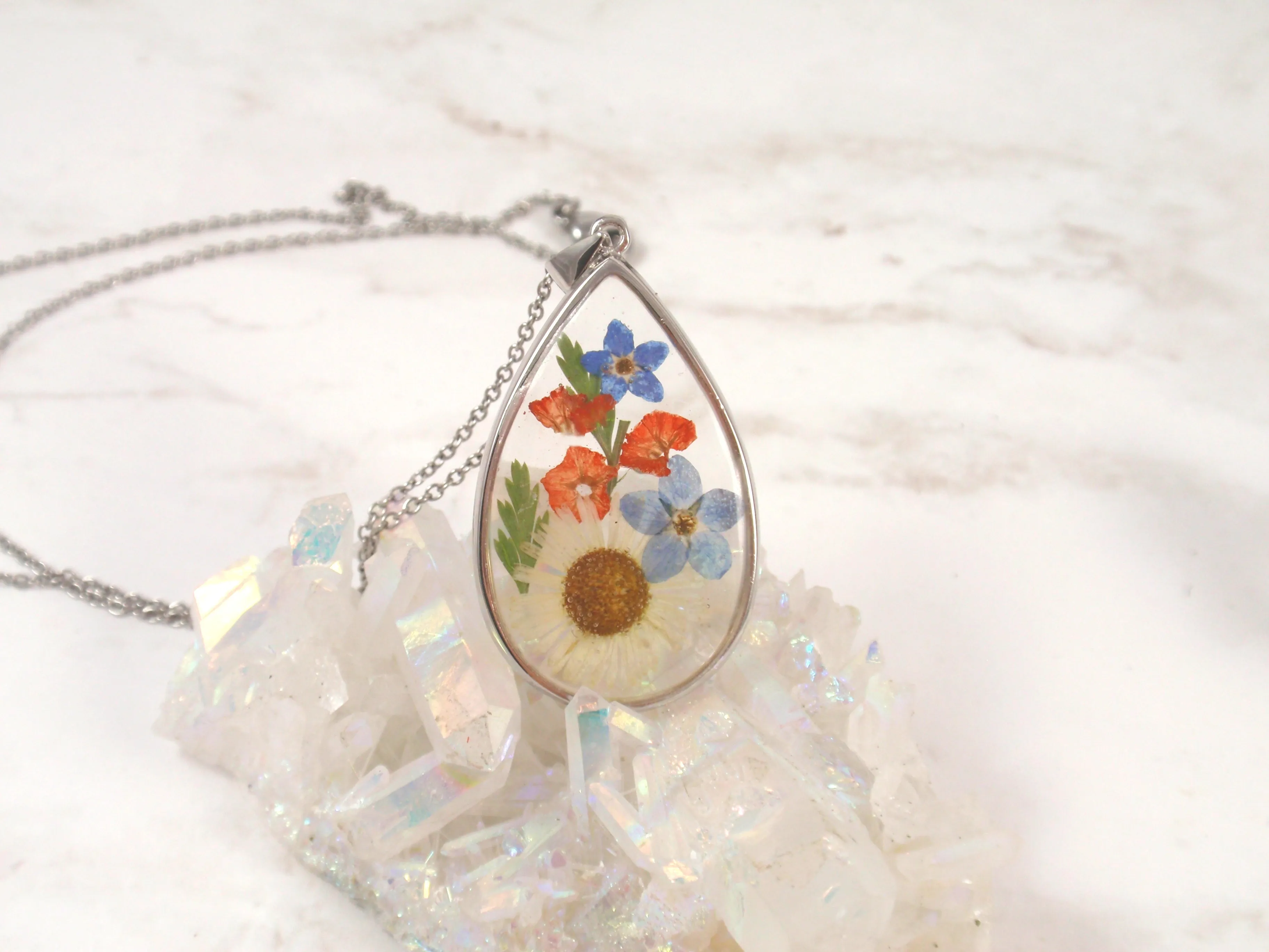 Teardrop Flower Pendant with Real Flower and Cremains