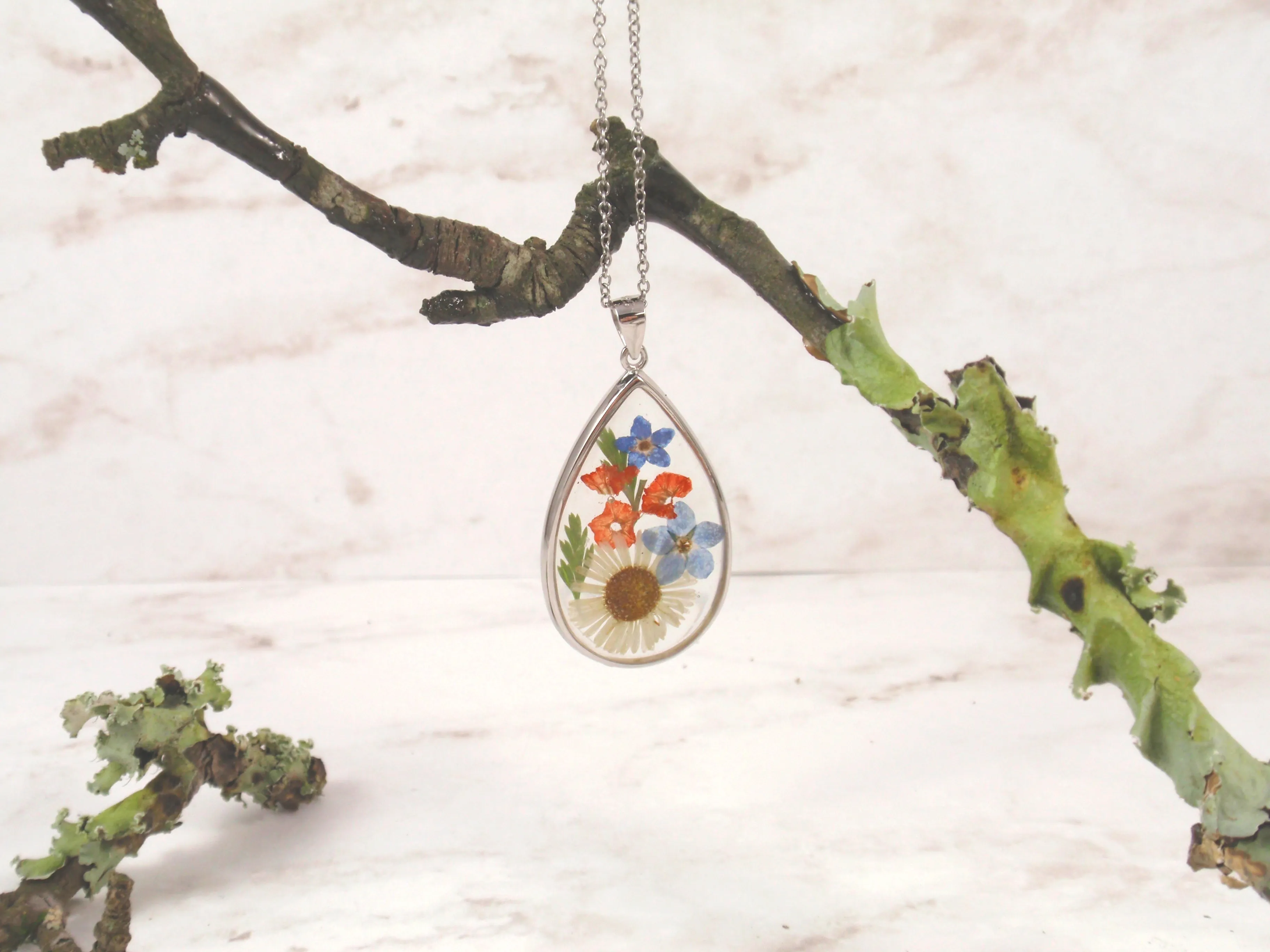 Teardrop Flower Pendant with Real Flower and Cremains