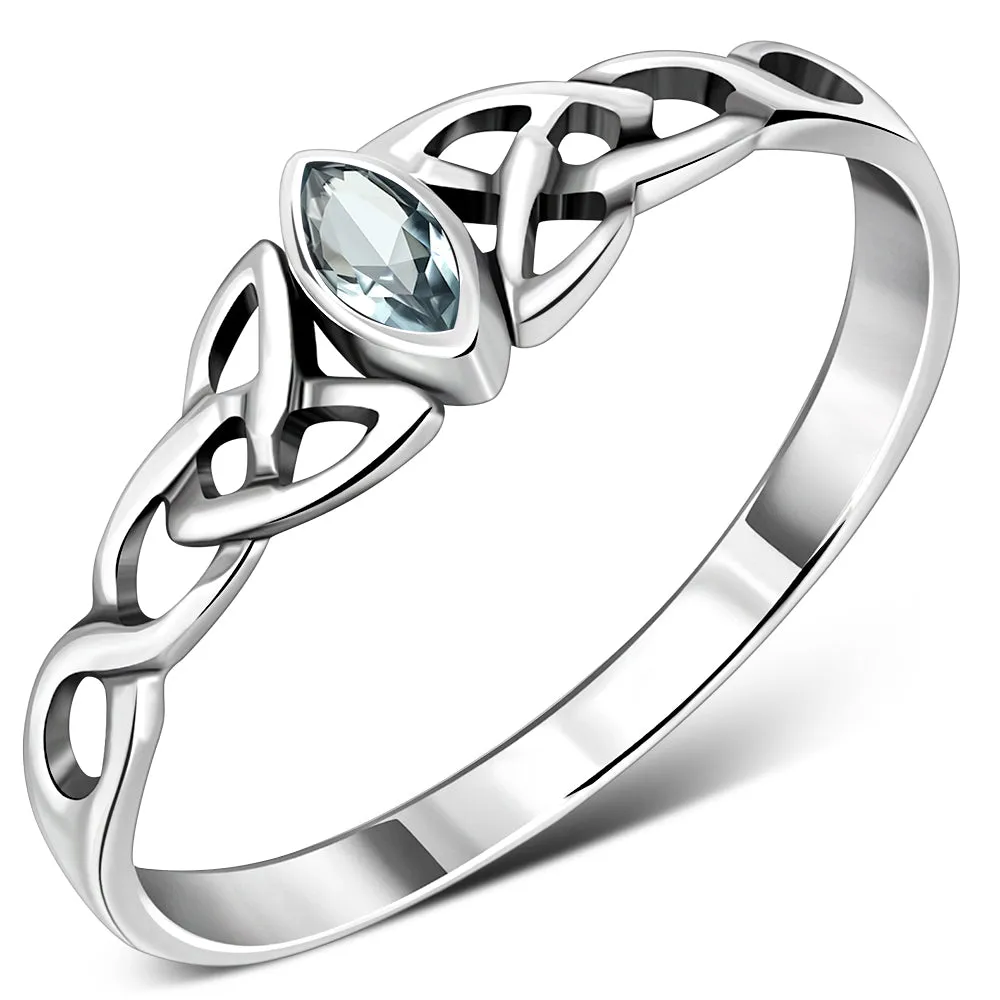 Thin Celtic Knot Silver Ring, set w/ Blue Topaz CZ