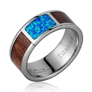 Titanium Wedding Band With Polished Edges & Pink Ivory Wood/Opal Inlay - 8mm