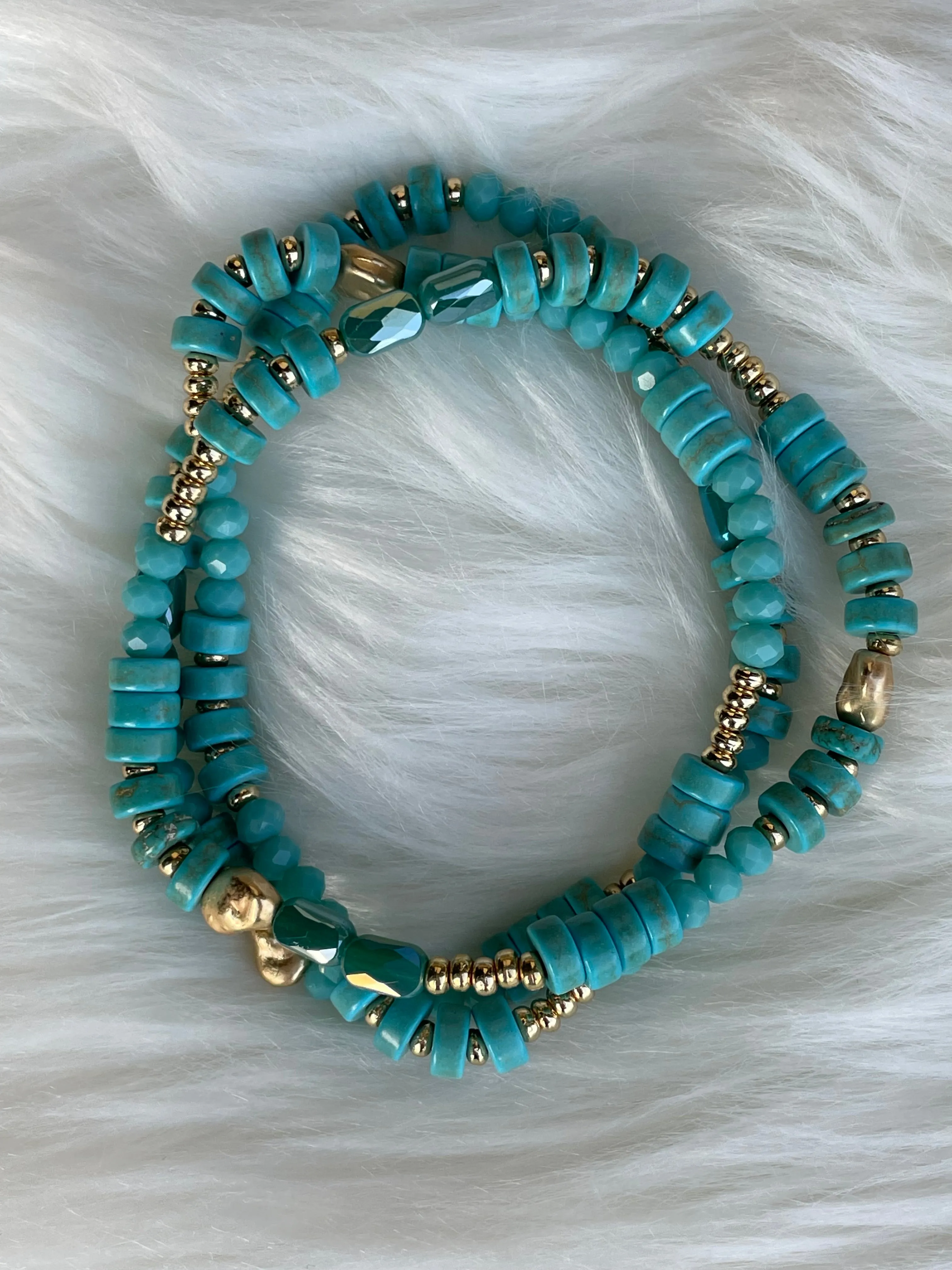 Turquoise & Gold Round Beads Set of 3 Stretch Bracelets