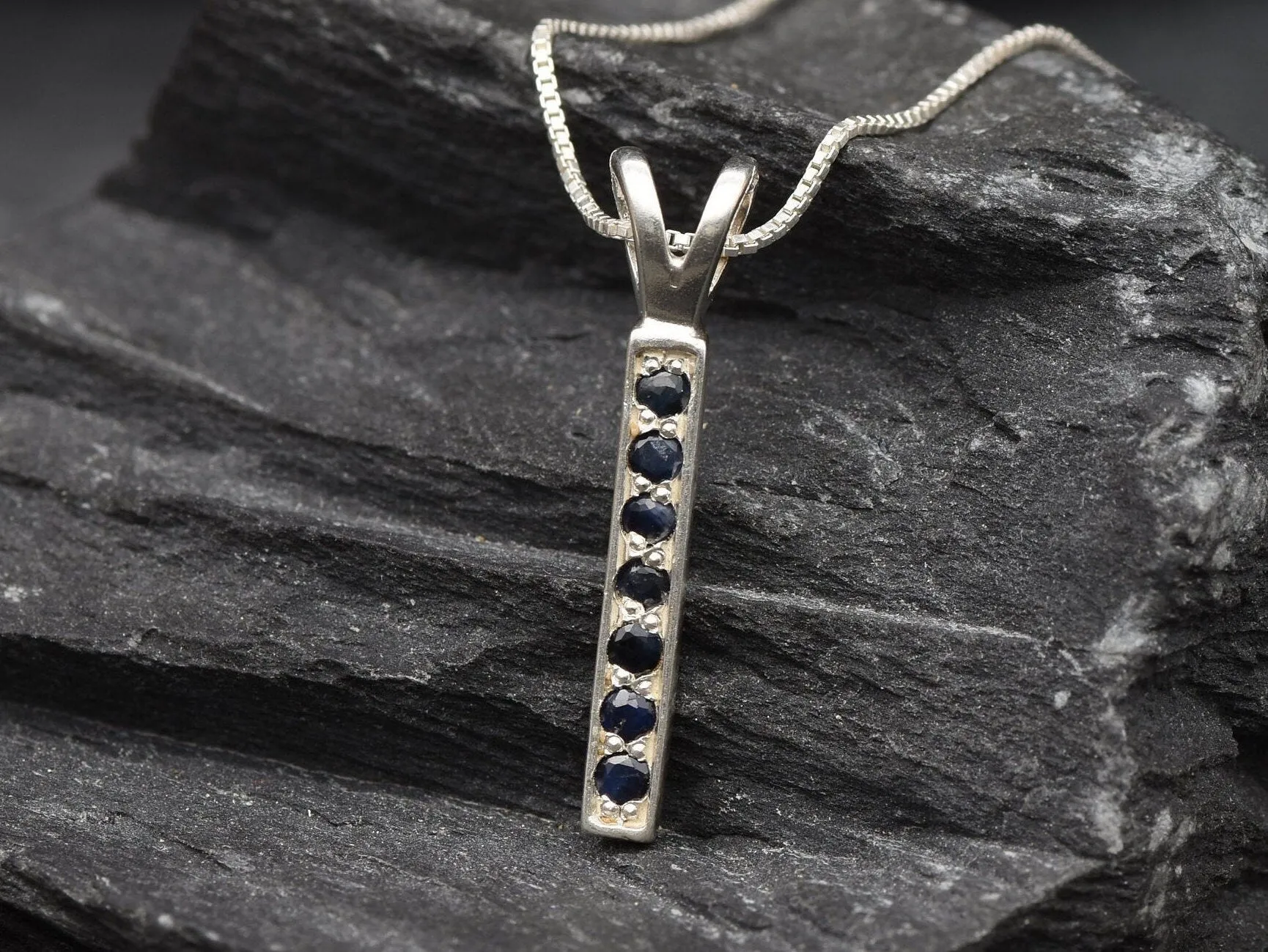 Vertical Sapphire Pendant - Blue Sapphire Necklace - September Birthstone Necklace