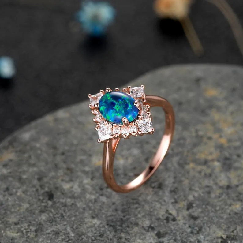 Vintage  Black Female Opal Diamond Engagement Ring Fancy