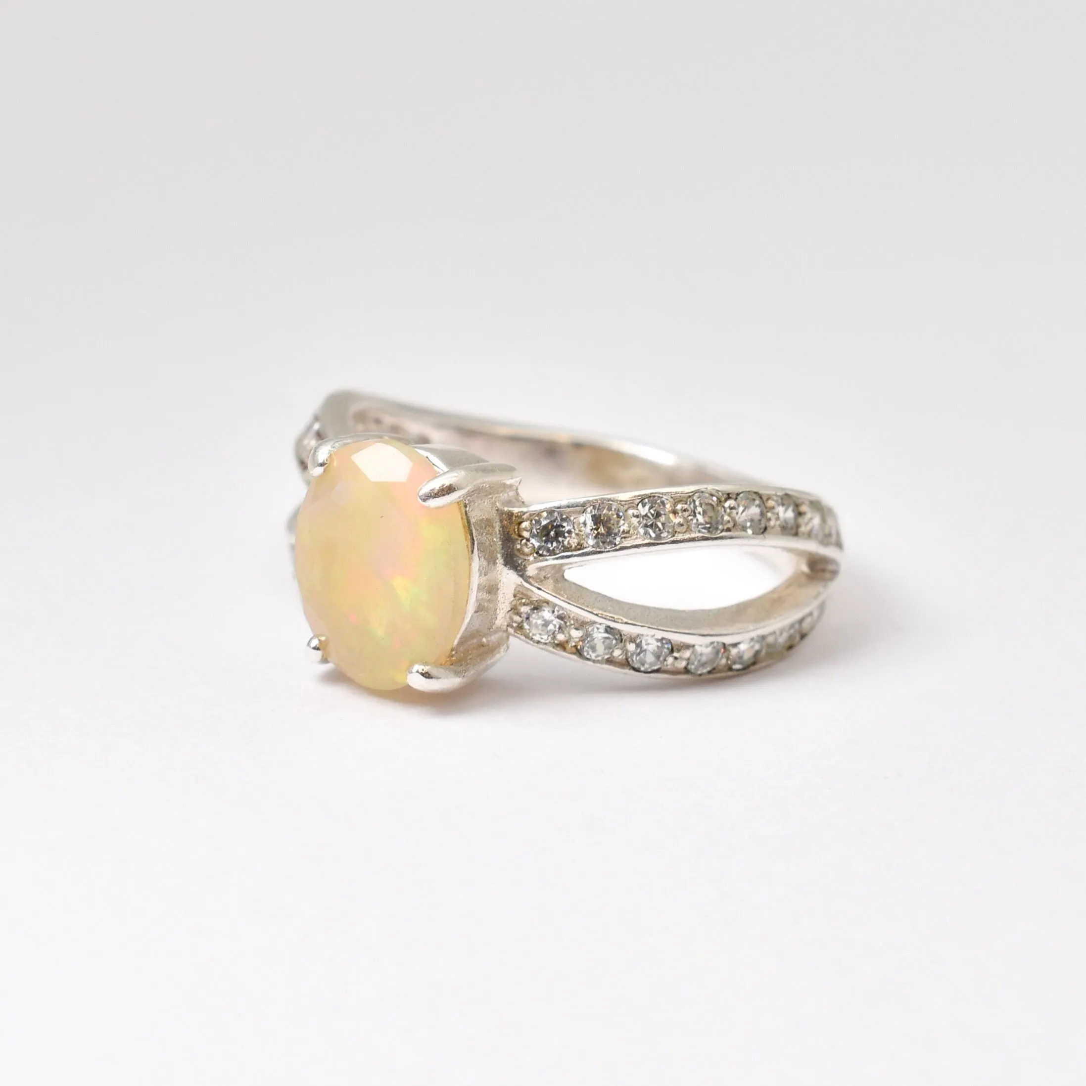 Vintage Fire Opal Ring - Natural Opal Ring - Split Paved Band