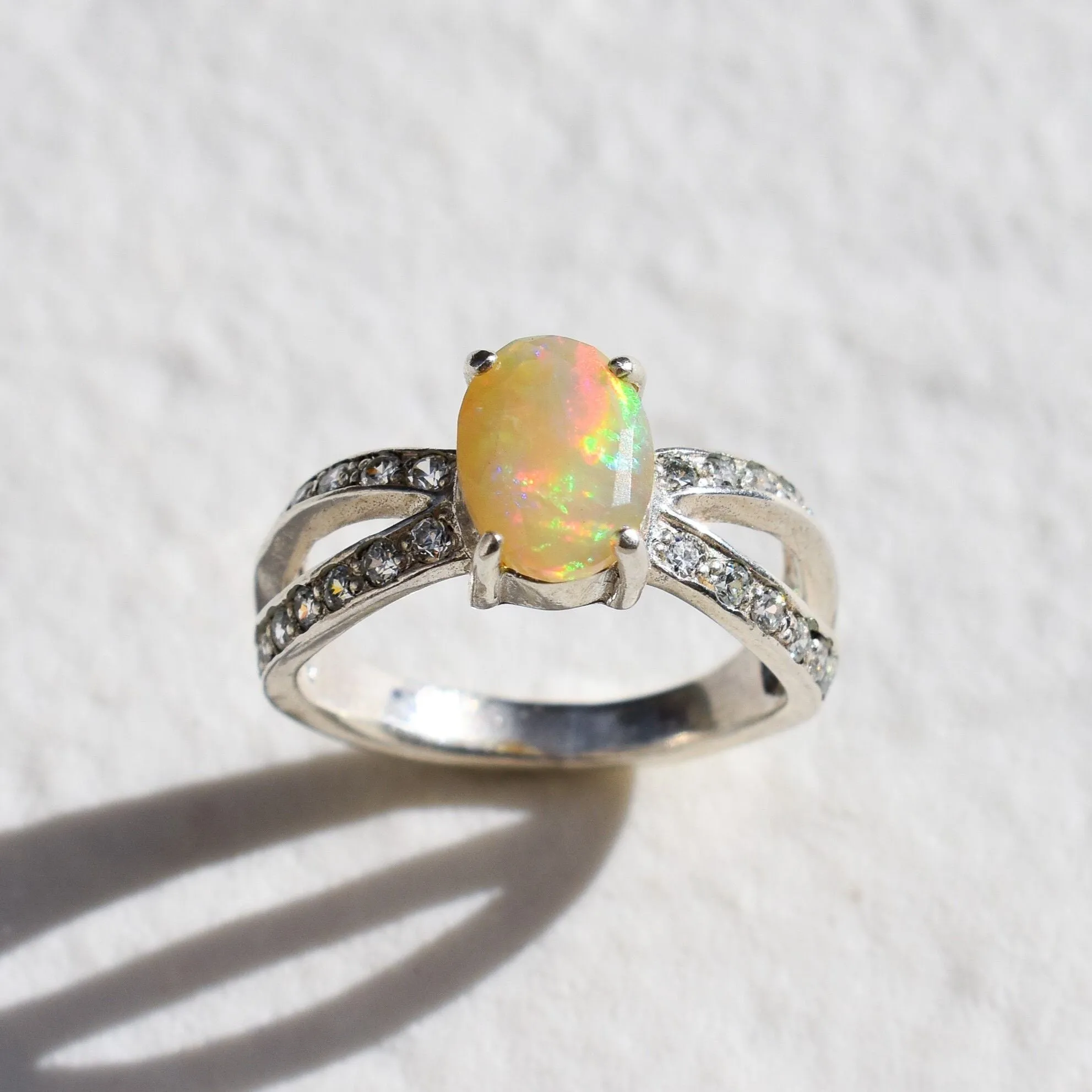 Vintage Fire Opal Ring - Natural Opal Ring - Split Paved Band