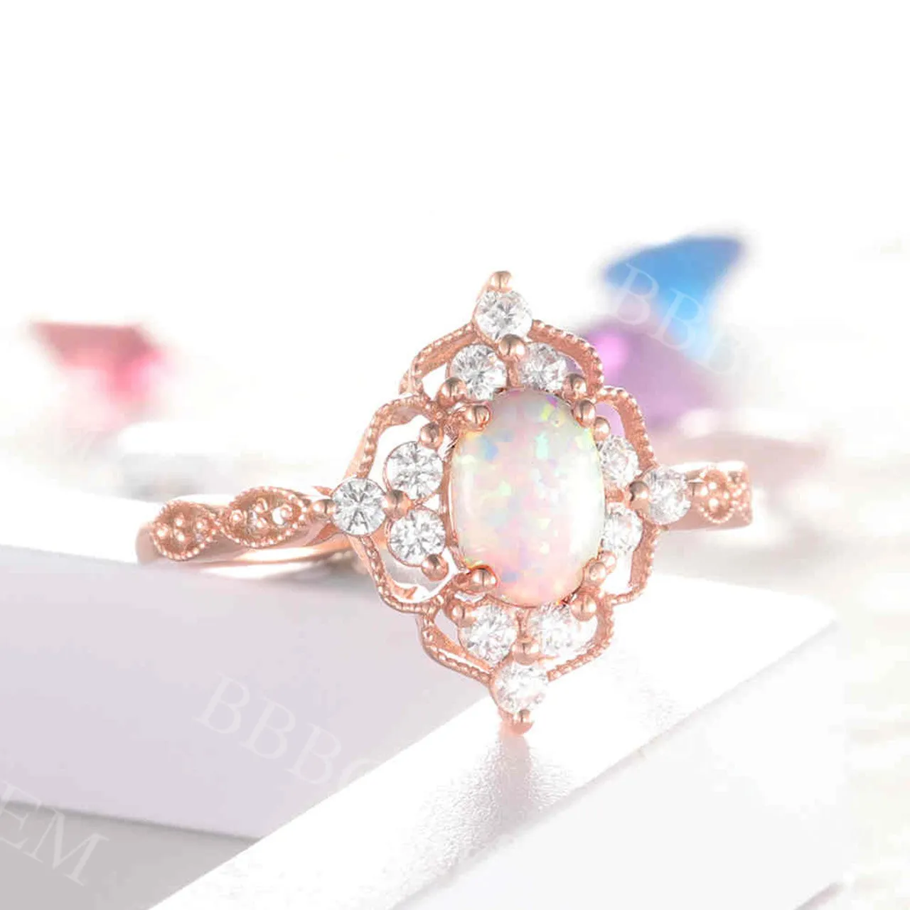 Vintage Opal Engagement Ring Rose Gold Diamond Wedding Oval Milgrain Halo Anniversary Ring