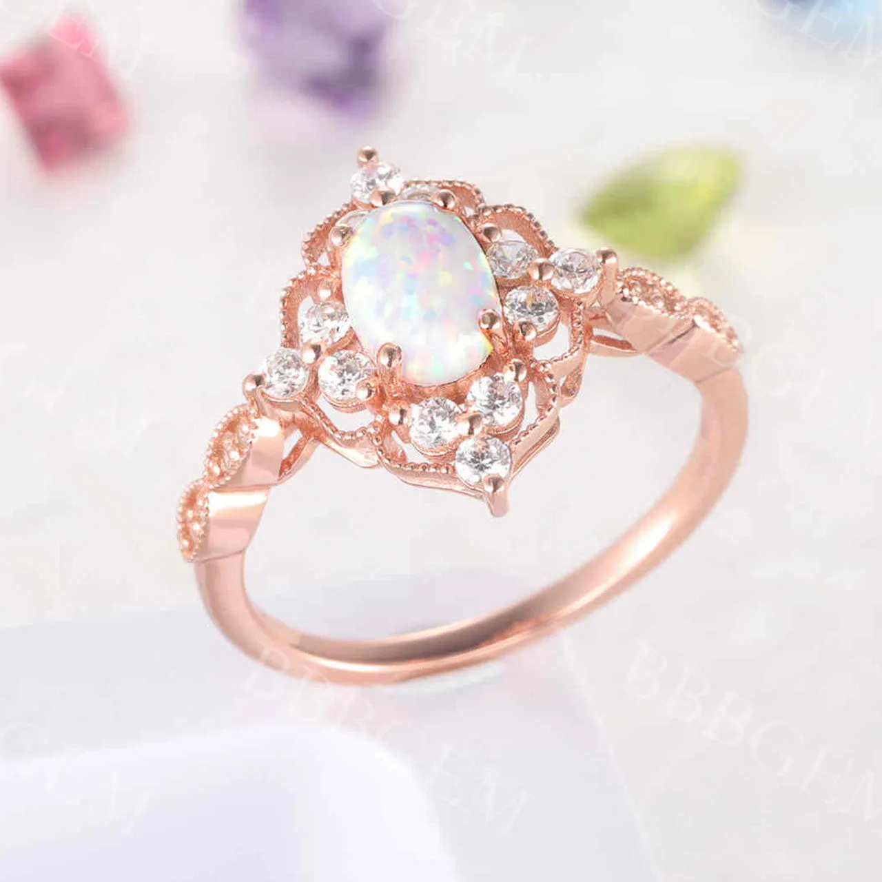 Vintage Opal Engagement Ring Rose Gold Diamond Wedding Oval Milgrain Halo Anniversary Ring