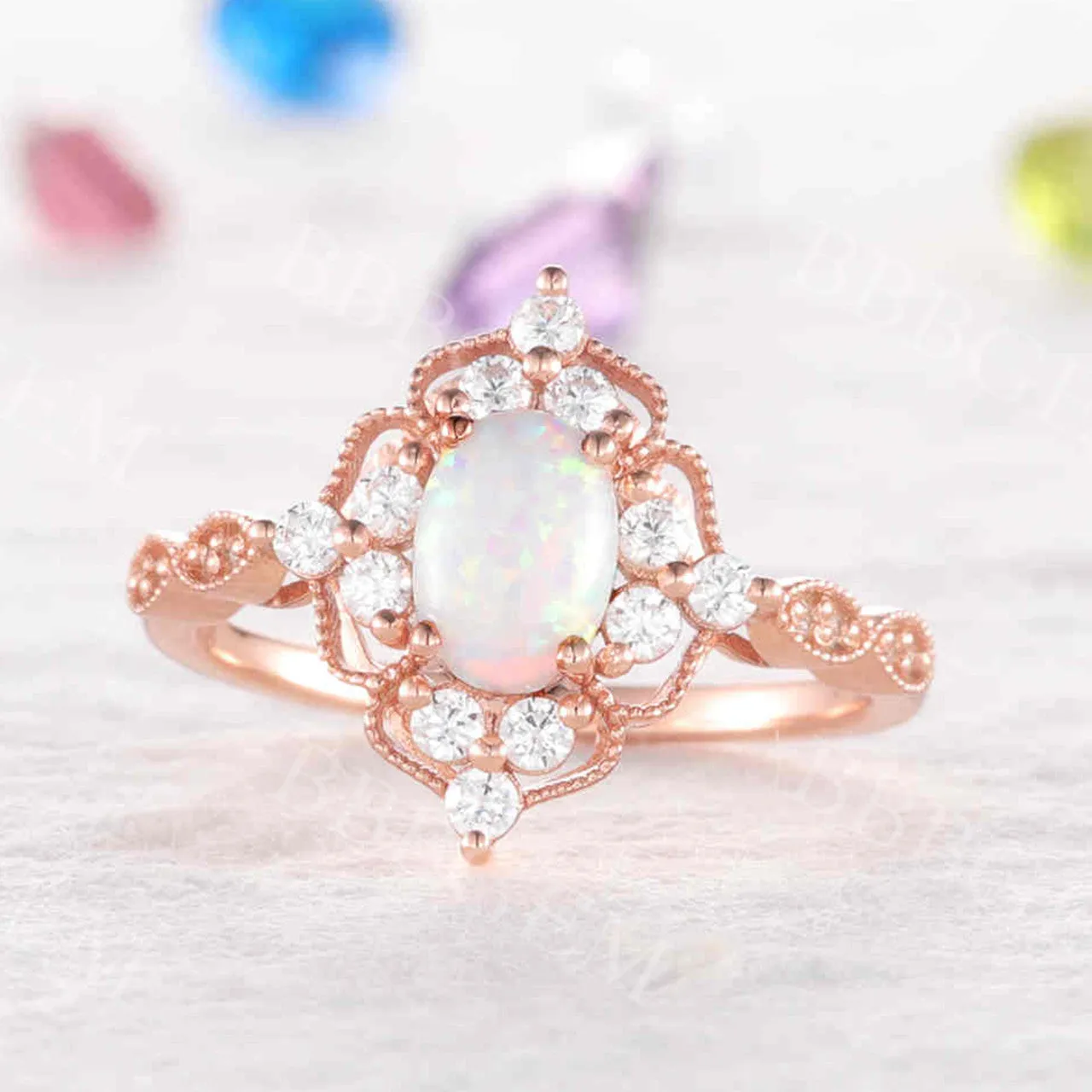 Vintage Opal Engagement Ring Rose Gold Diamond Wedding Oval Milgrain Halo Anniversary Ring