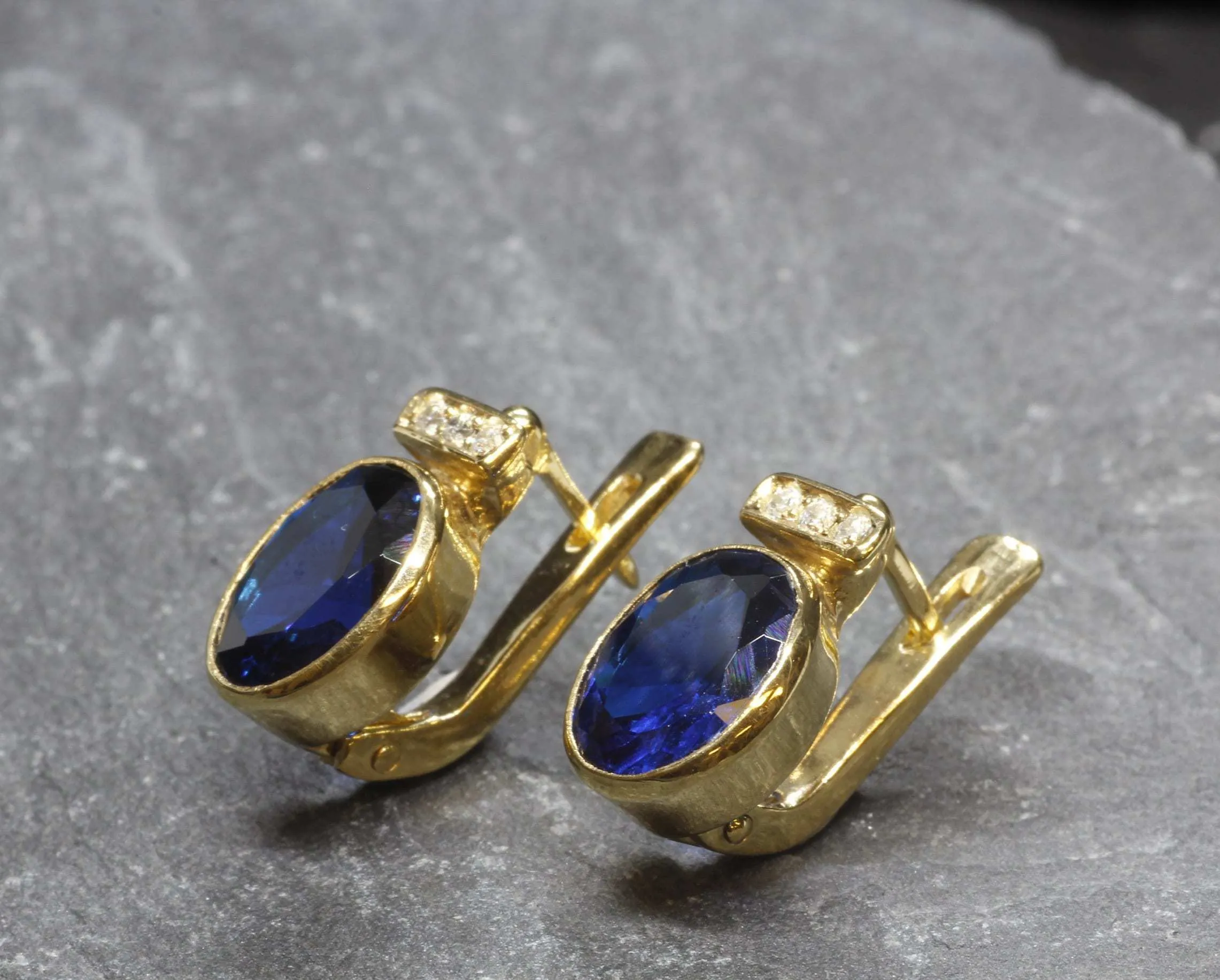 Vintage Sapphire Earrings - Blue Gold Studs, Oval Sapphire Earrings