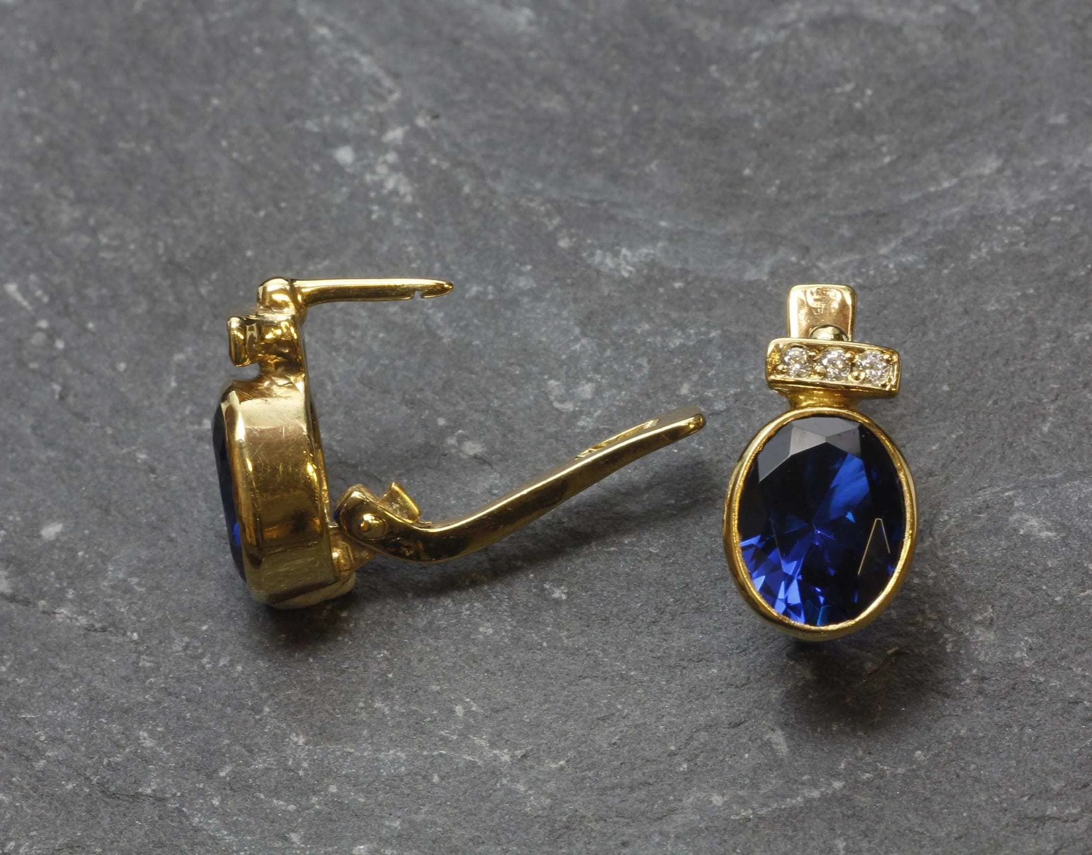 Vintage Sapphire Earrings - Blue Gold Studs, Oval Sapphire Earrings