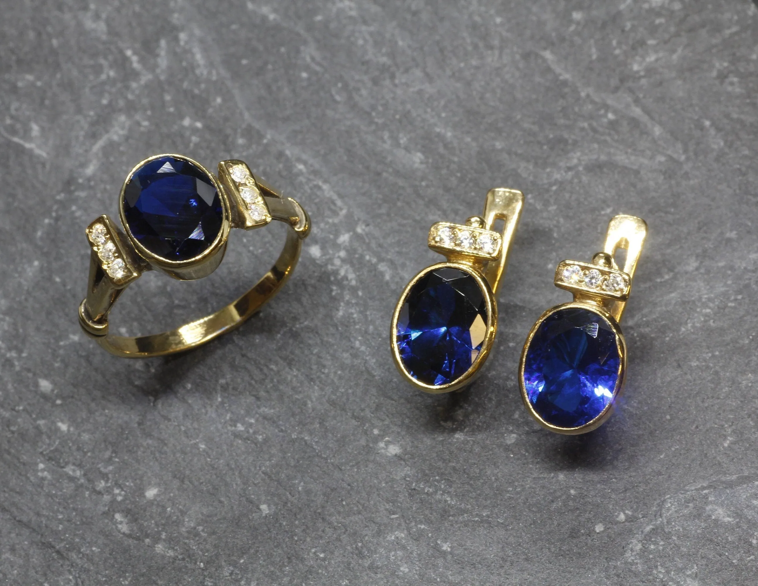 Vintage Sapphire Earrings - Blue Gold Studs, Oval Sapphire Earrings