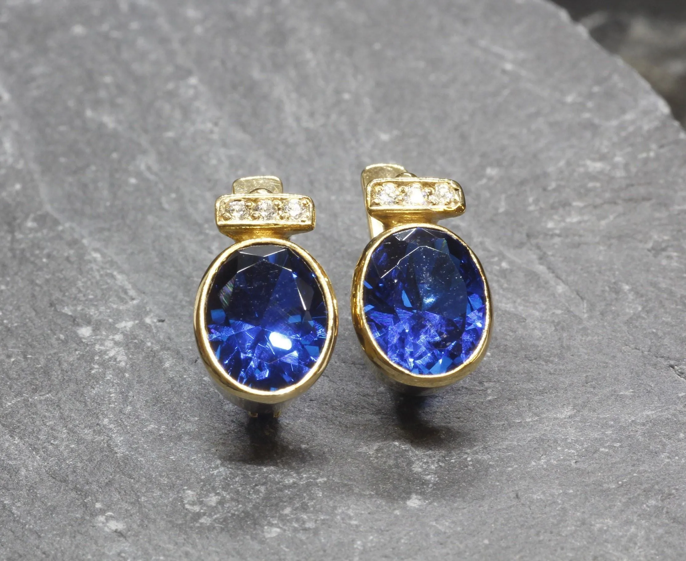 Vintage Sapphire Earrings - Blue Gold Studs, Oval Sapphire Earrings