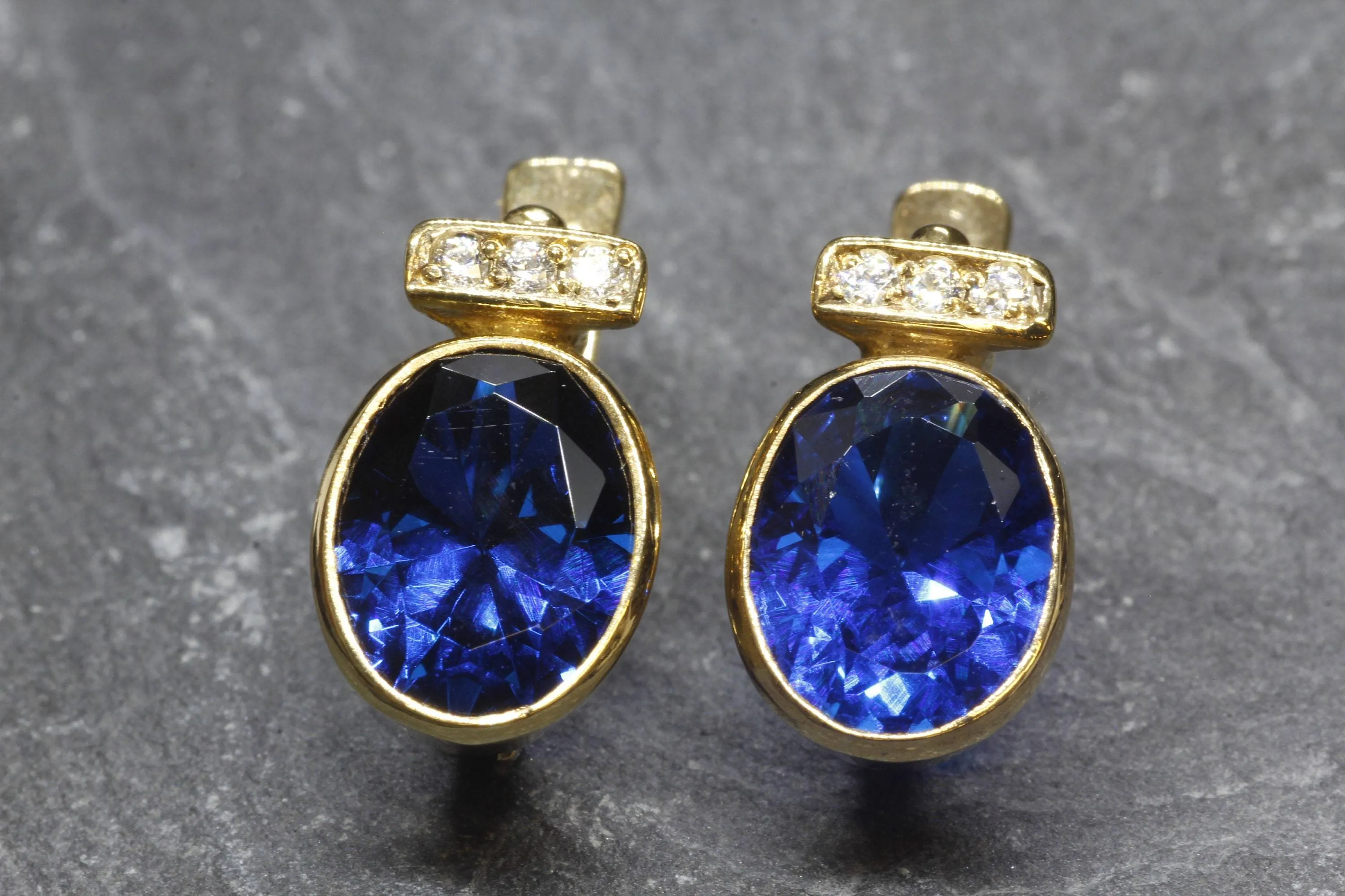 Vintage Sapphire Earrings - Blue Gold Studs, Oval Sapphire Earrings