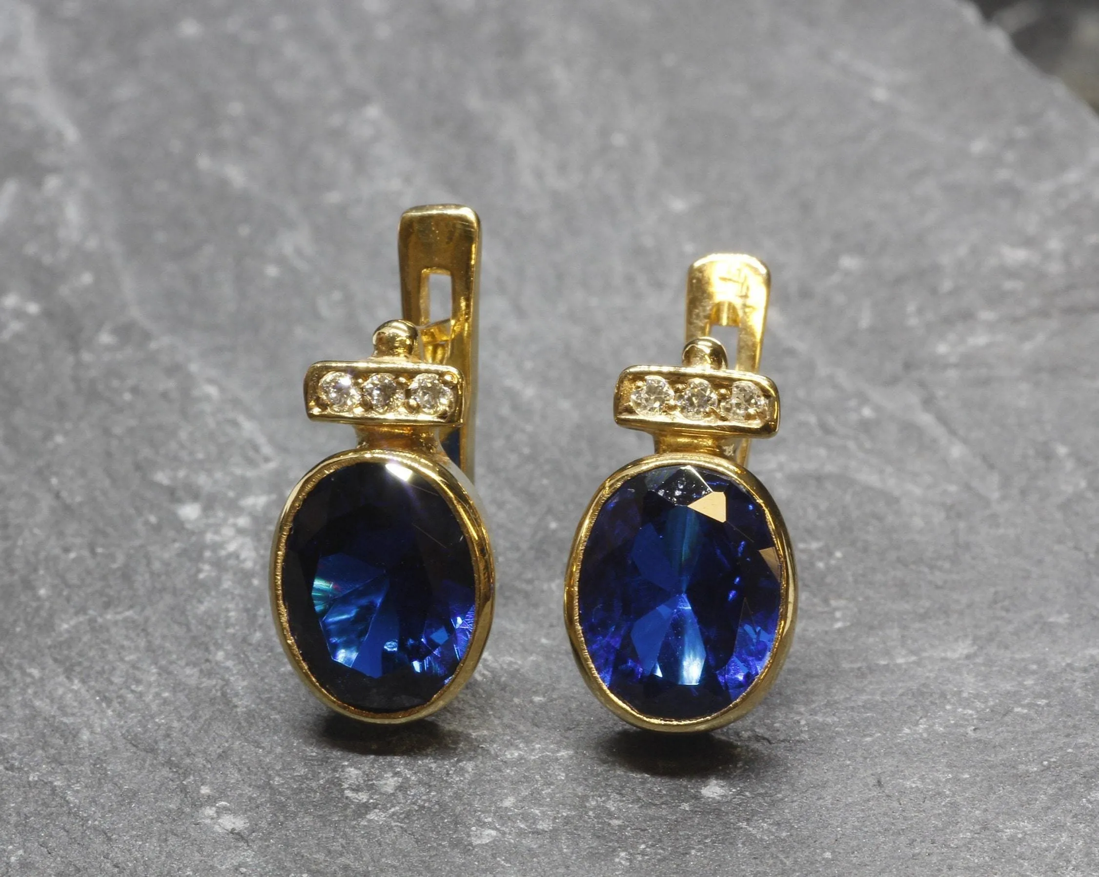 Vintage Sapphire Earrings - Blue Gold Studs, Oval Sapphire Earrings