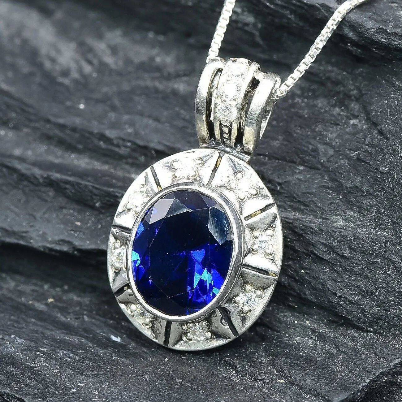 Vintage Sapphire Pendant - Blue Boho Necklace - Blue Bezel Necklace