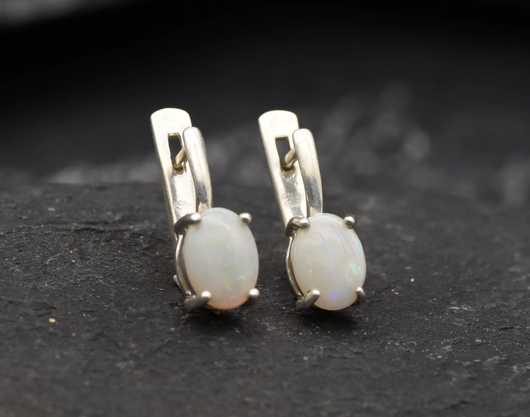 White Opal Earrings - Natural Australian Opal, October Birthstone Earrings