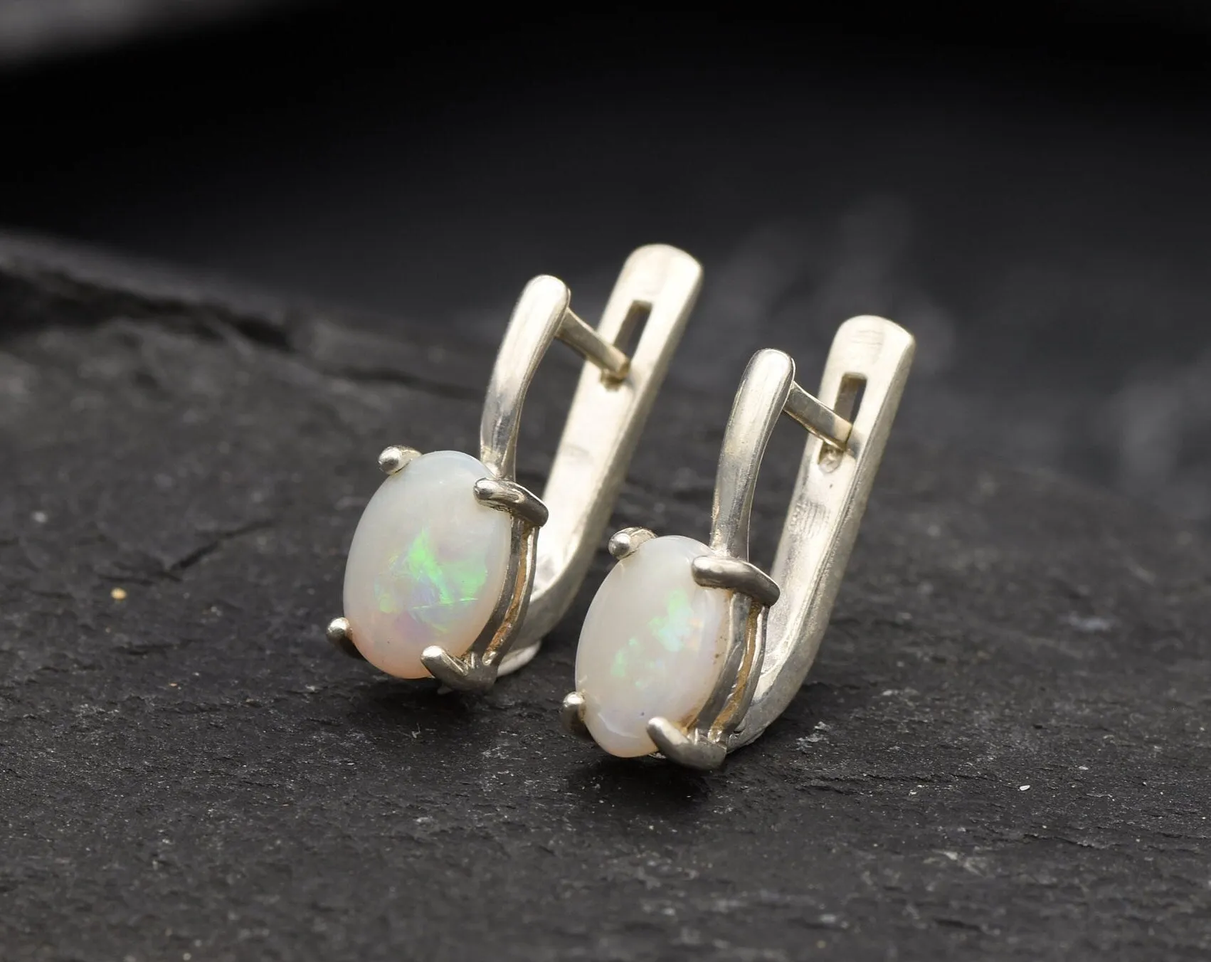 White Opal Earrings - Natural Australian Opal, October Birthstone Earrings