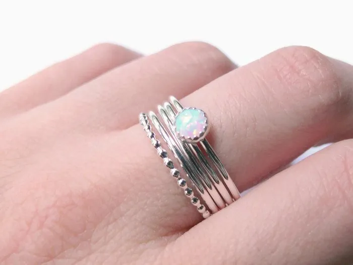 White opal ring in silver, Opal stackable ring, Sterling silver stacking ring set