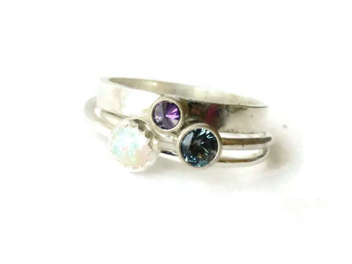 White opal ring Sterling stacking ring set sterling silver ring gemstone ring purple cz blue zircon sterling silver ring silver opal ring